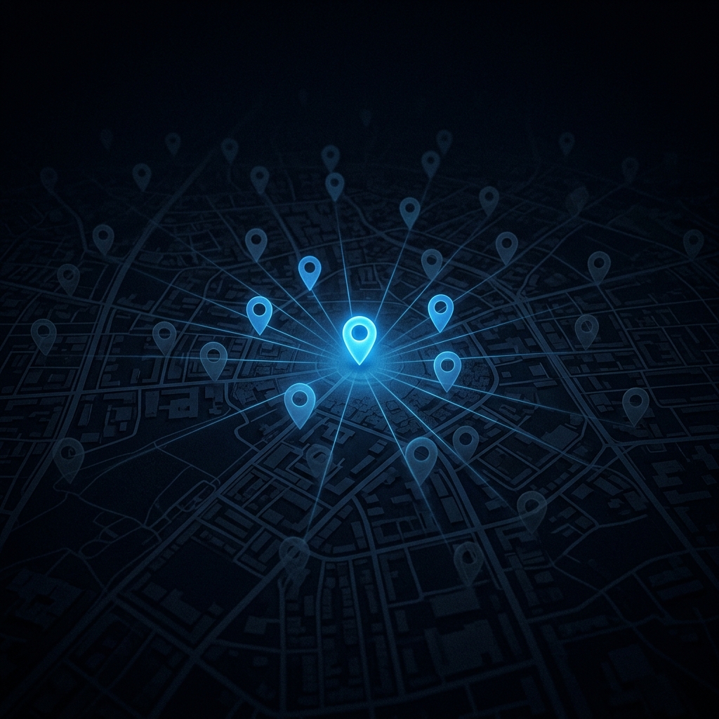 Map location pins fading from bright to dim spreading outward from a central business representing local search visibility