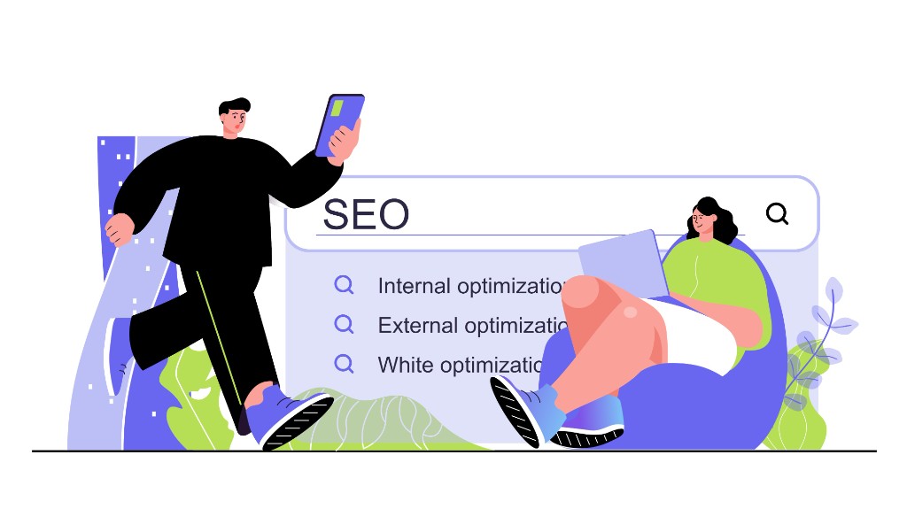 Illustration of people using devices with a large SEO search window