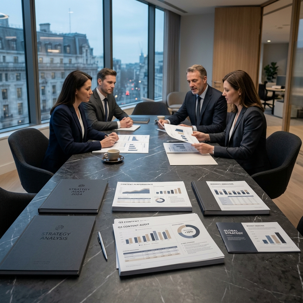 Executive meeting room with premium SEO data reports and content audit documentation spread across a dark marble conference table
