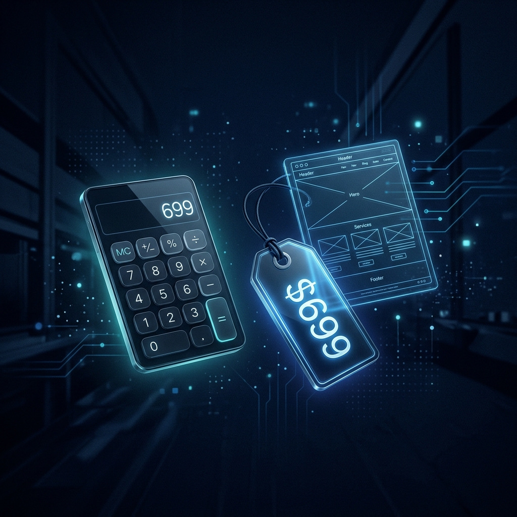 Digital calculator and price tag beside a website wireframe showing website cost breakdown for small businesses